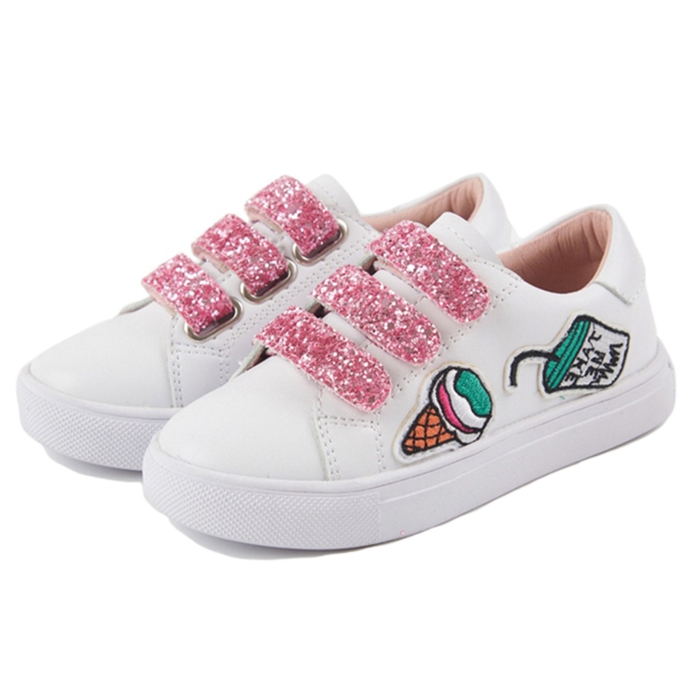 Girls' White Sneakers with Pink Glitter Straps and Ice Cream Patch